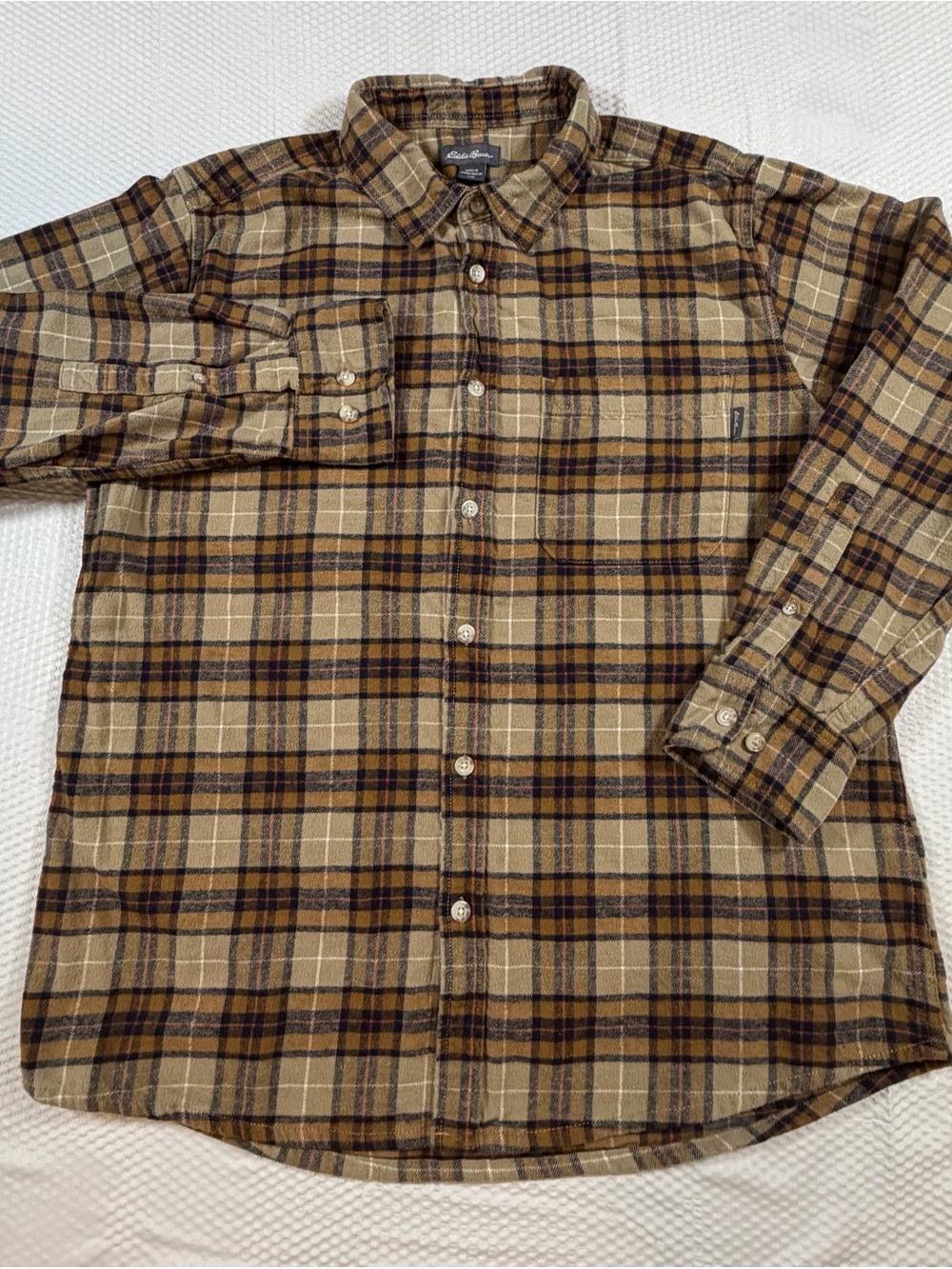 Eddie Bauer Men’s L Heavyweight Flannel Shirt Brown Plaid Cotton Button Up F22